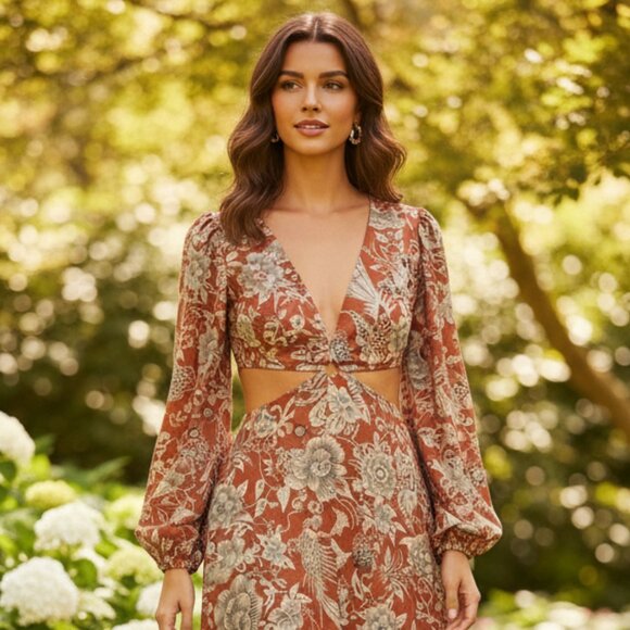 NWT Rumer Linen Rust Floral Print Cut Out Long Sleeve Mini Dress - Picture 1 of 6